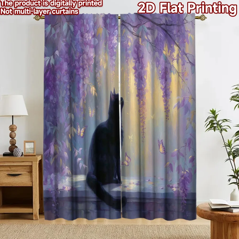 2D flat 2pcs Curtain Retro Country Style Curtains Black Cat Wisteria Butterflies Digitally printed polyester Birthday Party for