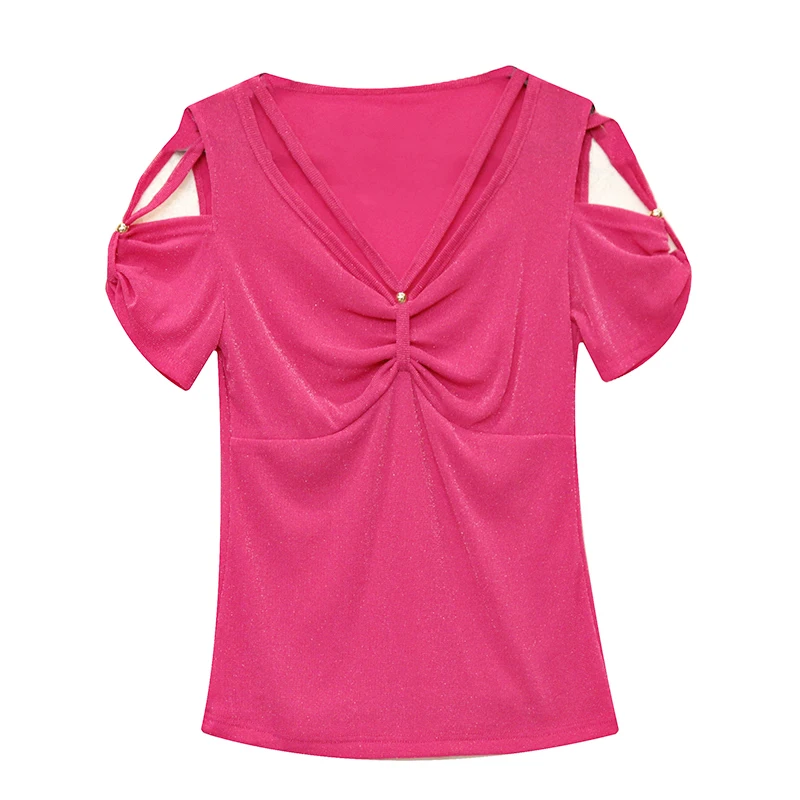 Summer New Sexy Mesh T-Shirt Elegant Slim Hollow V-neck Short Sleeved Solid Color Women\'s Top