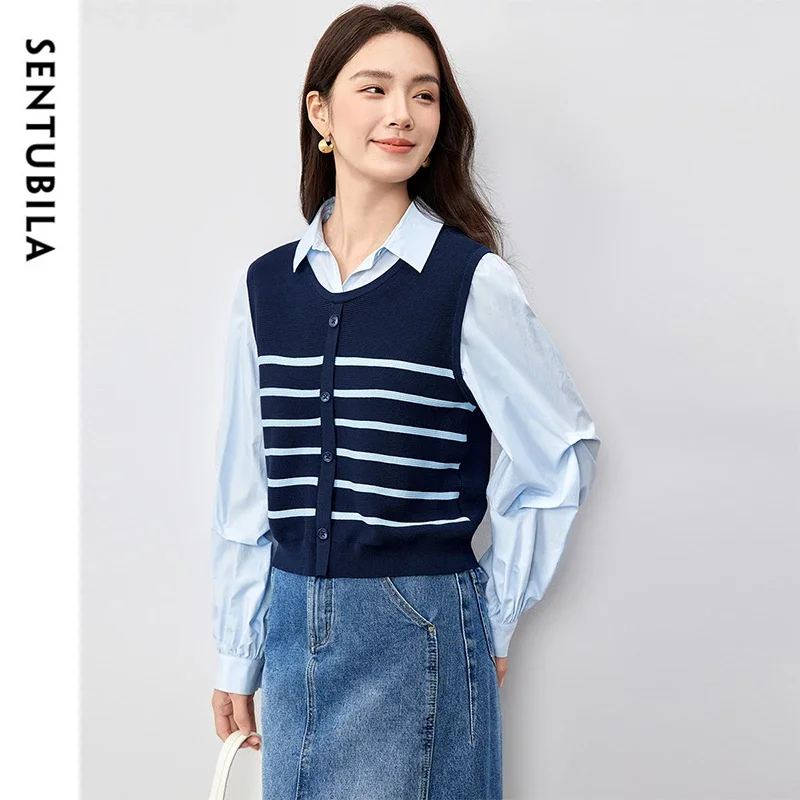 SENTUBILA Patchwork 2 in 1 Women Blouse 2025 Spring Fashion Spliced Striped Folds Drop Sleeve Chic Shirts & Blouses W51C58818