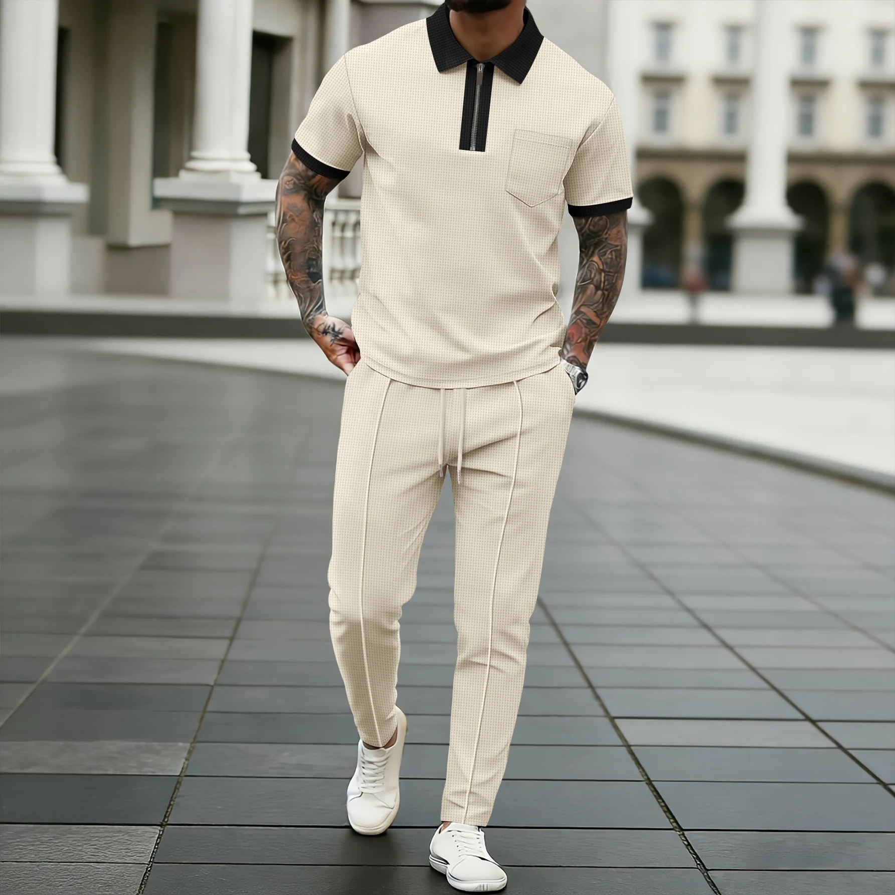 Men's Waffle Knit Tracksuit 2 Piece Set, Half-Zip Contrast Collar Short Sleeve Polo Shirt & Elastic Drawstring Waist Long Pants view 4