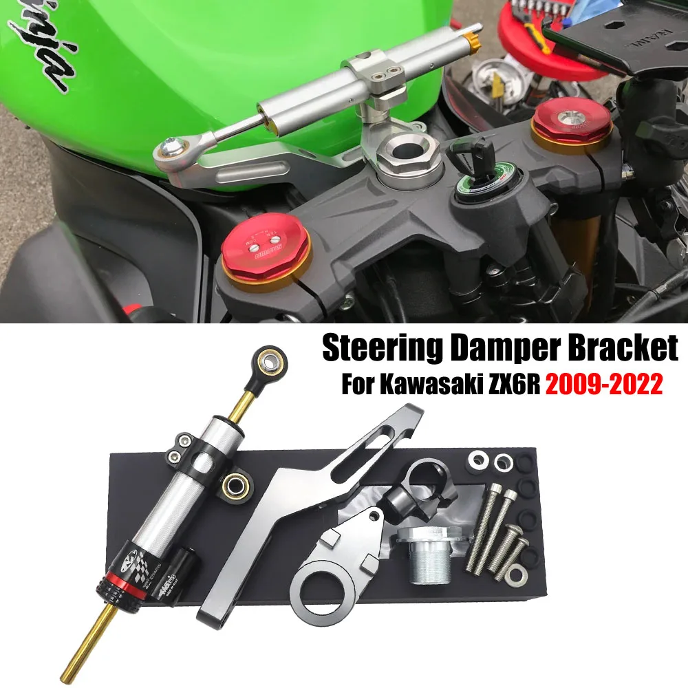 For Kawasaki Ninja ZX-6R ZX6R 2009 - 2022 2021 2020 2019 2018 2017 Steering Damper Stabilizer & Bracket Mount Kit Silver color