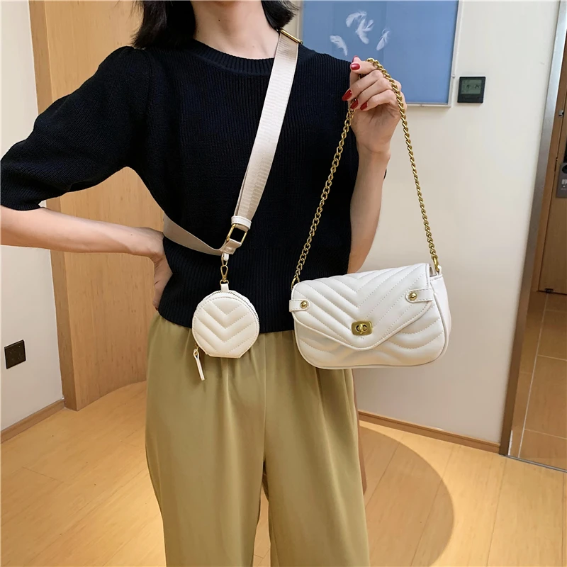 2023 New 2 Pc/Set Brand Crossbody Bags Women Luxury Designer Handbag Embroidery Thread Chain Shoulder Messenger Bag Bolso Mujer