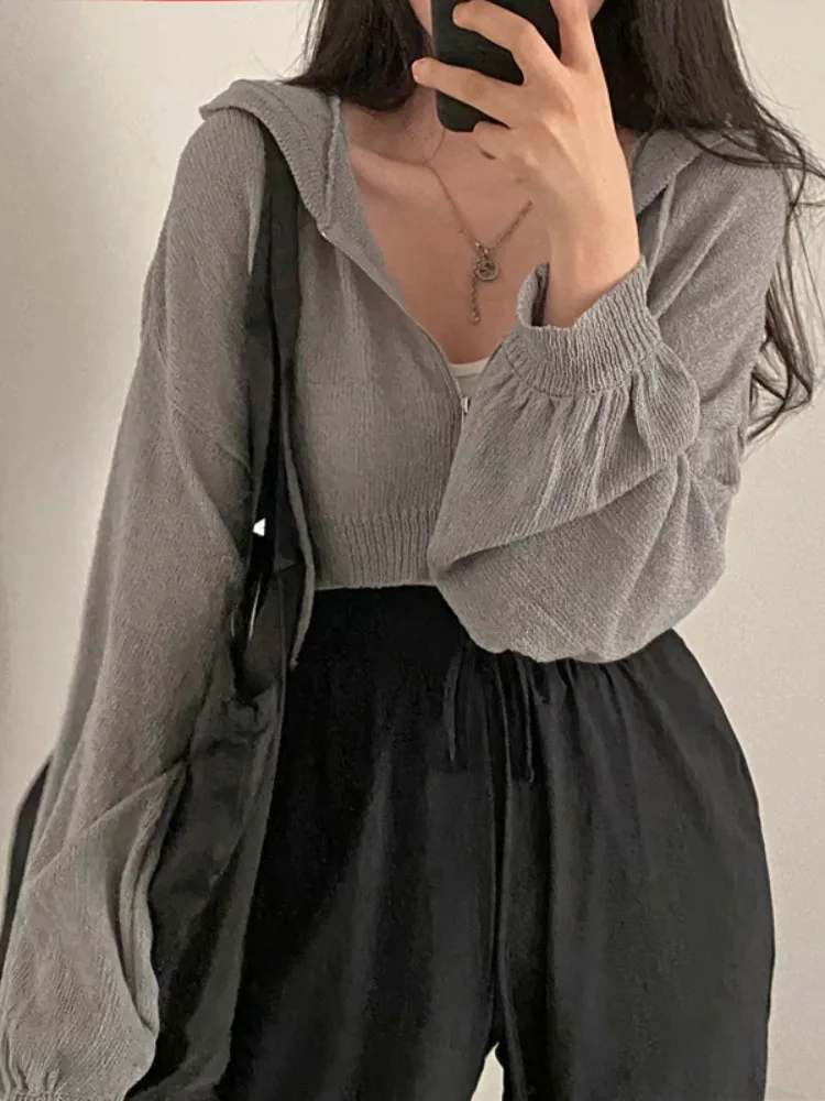 Elegancki letni sweter z dzianiny lodowego jedwabiu, damski sweter typu lampion, swobodny rozpinany kardigan, cienki płaszcz z kapturem, ochrona przed promieniowaniem UV.