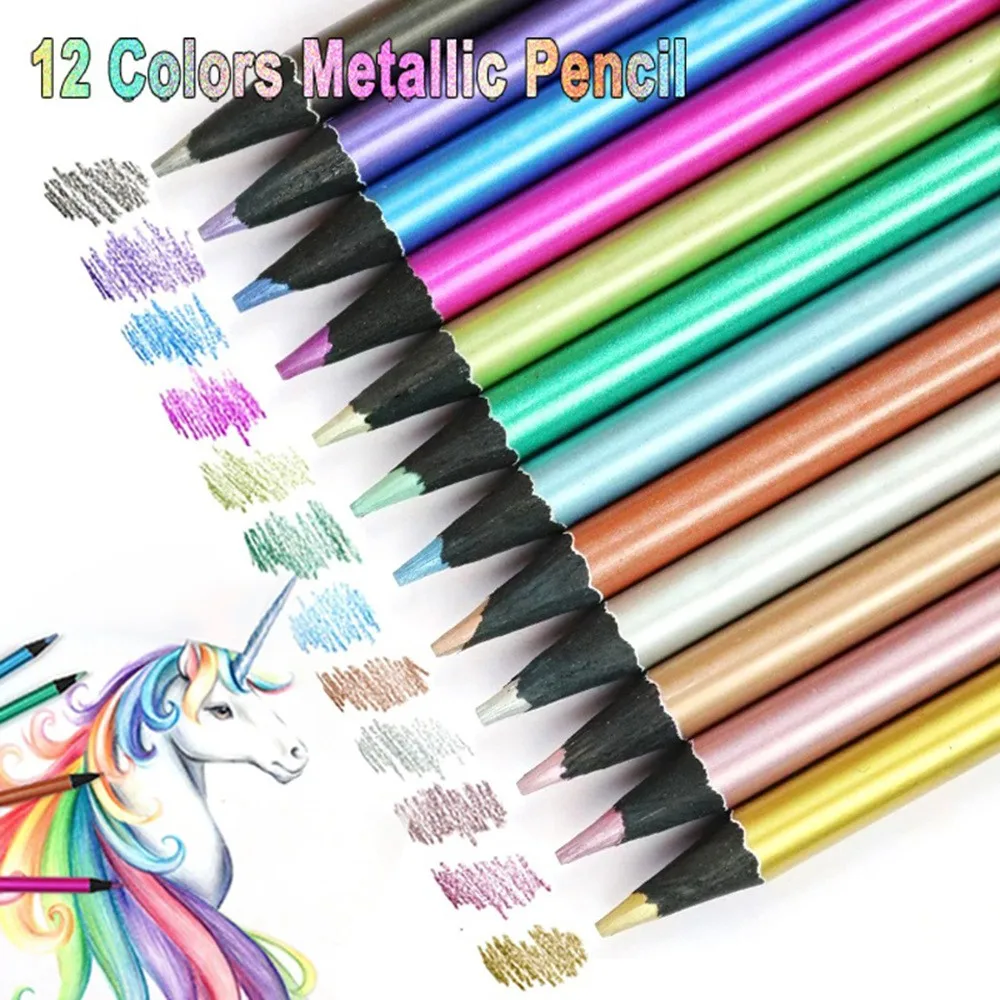 12 PCs Metallic Colored Pencils. Black Wood 12 Color Drawing Pencil Family Painting. Coloring, Sketching, DIY Art Supplies