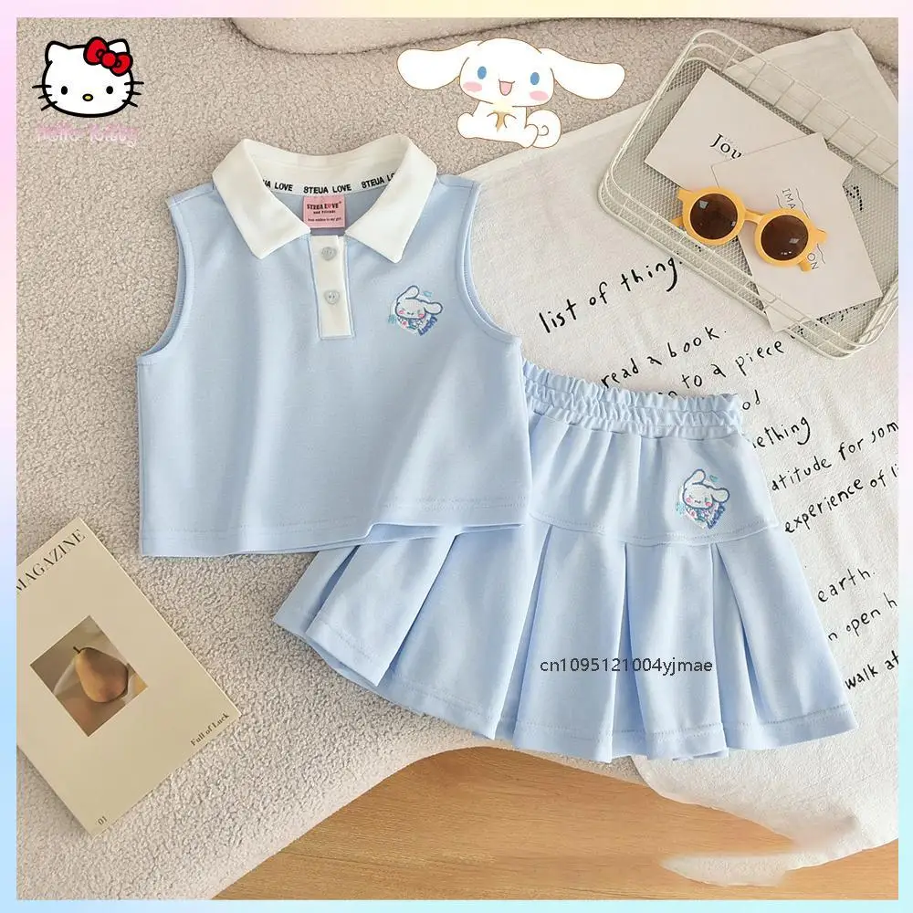 

Cute Cinnamoroll Children Girl Summer New Polo T-Shirt Skirt Anime Sanrio Princess Blue Sleeveless Fashion Sweet Short Skirt Set