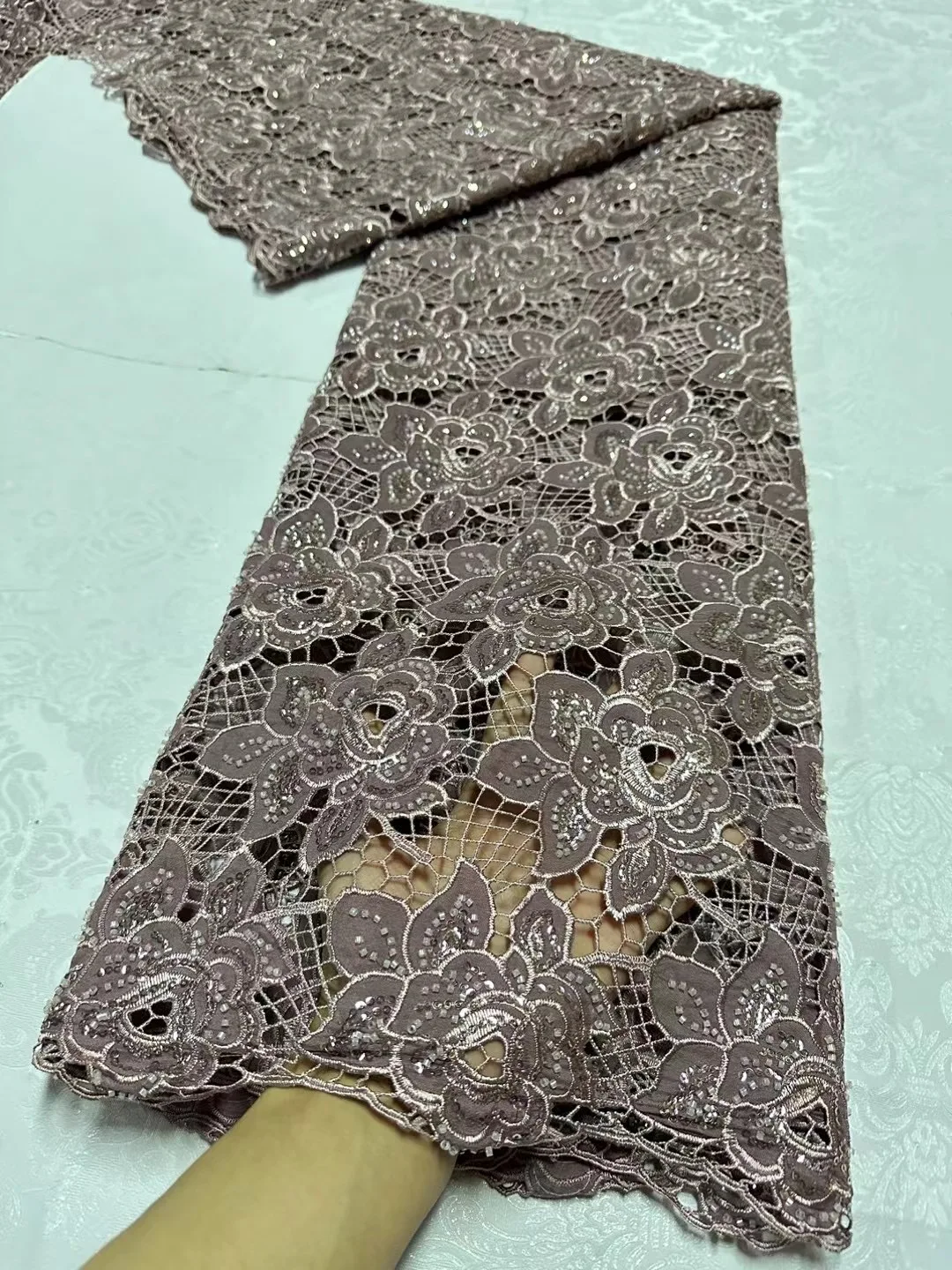 Swiss Voile Lace Fabric with Stones, Handcut holed coffee embroidery, African, Wedding Clothes, High Quality, New Design JL377