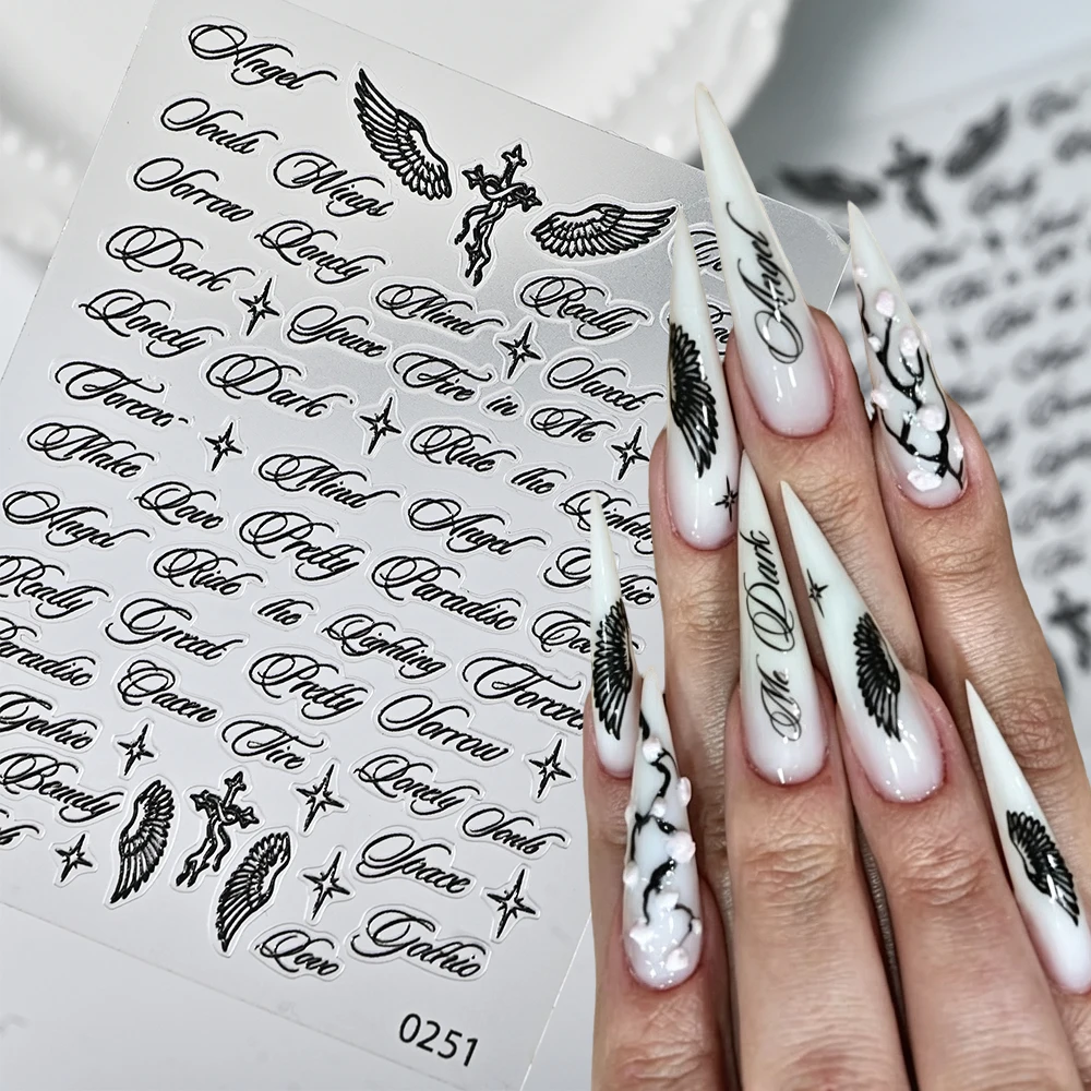 2pcs Black English Letter & Angel Wings Nail Sticker 5D Gothic Words Cross Star Self-adhesive Nail Decals Y2k Punk Manicure Deco