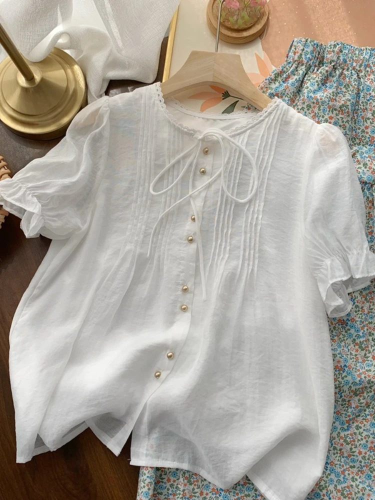 

Korobov Japanese O Neck Thin Drawstring Casual Loose Short Sleeve Chiffon Shirts & Blouses