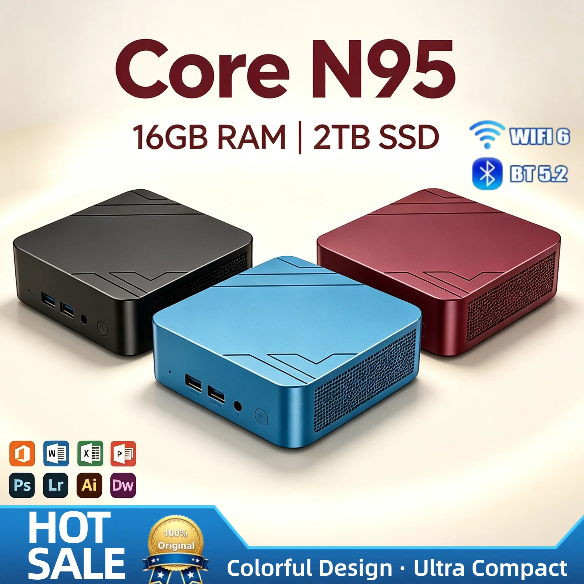 Intel Core N95 Ultra Compact Mini PC 16GB RAM 2TB NVMe SSD Triple 4K Display WiFi6 Bluetooth 5.2 Home Office Small Pro