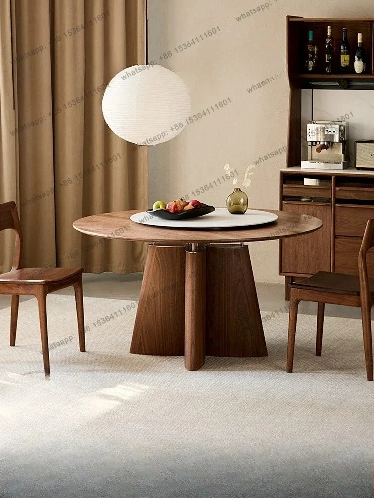 yj9 Black walnut round dining table Household solid wood large round table Restaurant rock slab rotating disc table