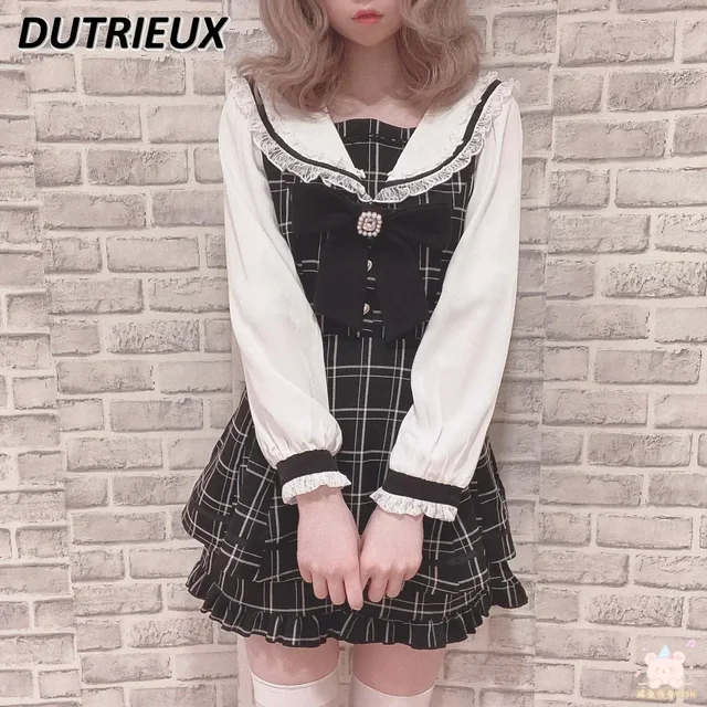 Japanese Women Dress Outfits Sailor Collar Plaid Rhinestone Bow Dress – view 4