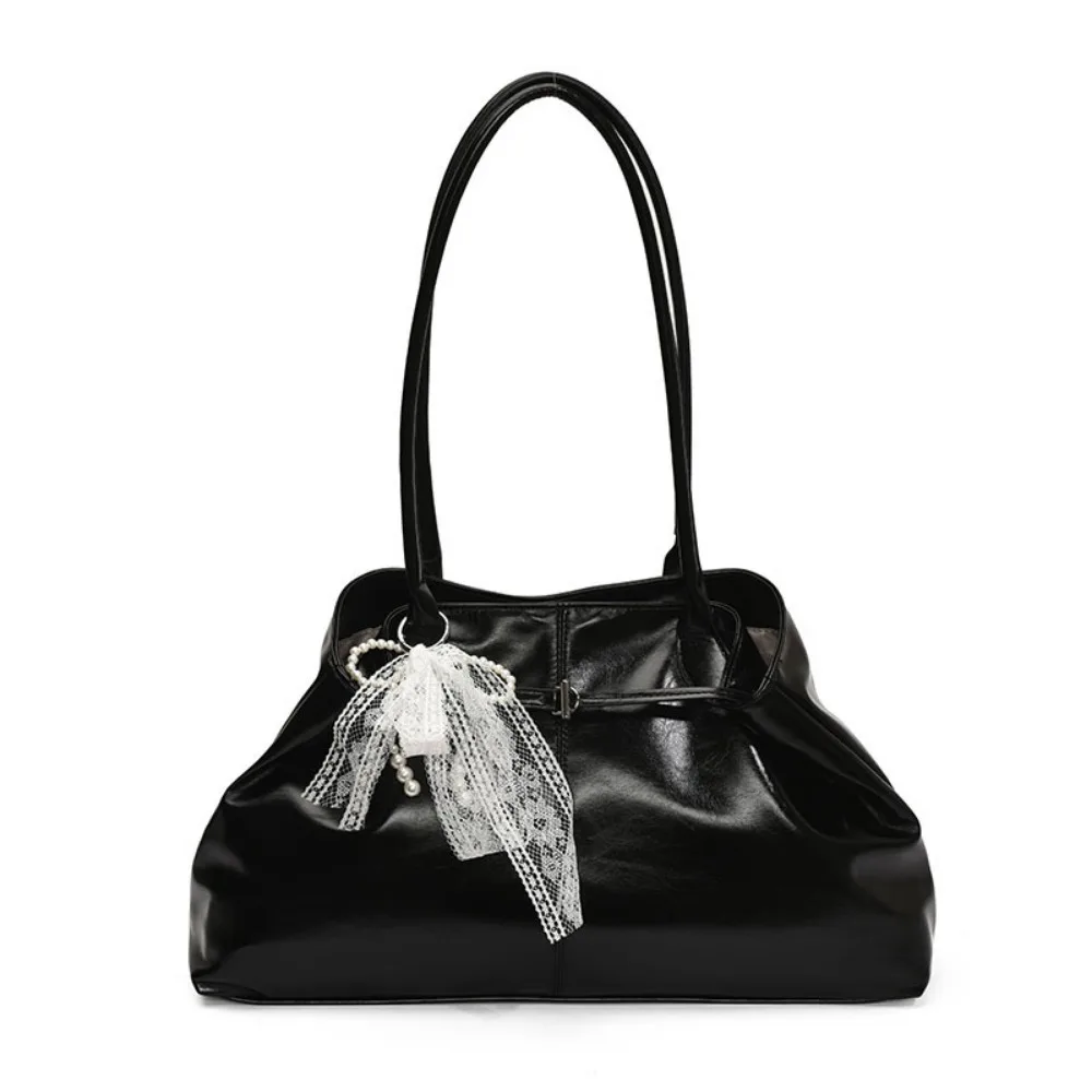 

Сумка на плечо из искусственной кожи, однотонная, с бантом и кружевной подвеской, универсальная сумка-тоут, вместительная сумка подмышку.