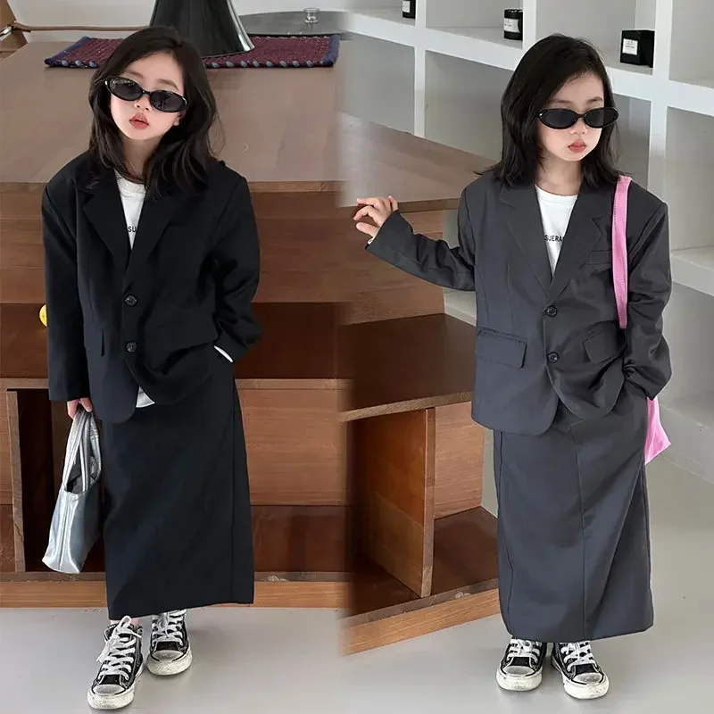 Girls Grey Suit Spring 2026 Casual Loose Blazer Skirt Two Pieces School Uniform for Kids Wedding Party Formal Costumes 2-13 Year