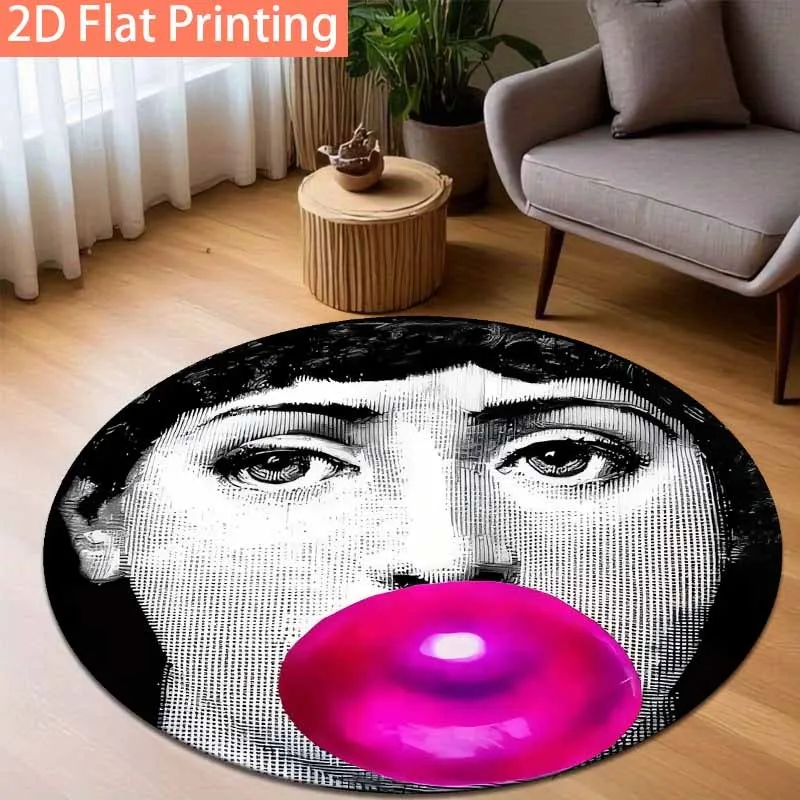 Black White Sketch Lady With Hot Pink Bubble Gum Round Rug, Retro Art Face Portrait Print Floor Mat for Bedroom Sofa Entrance