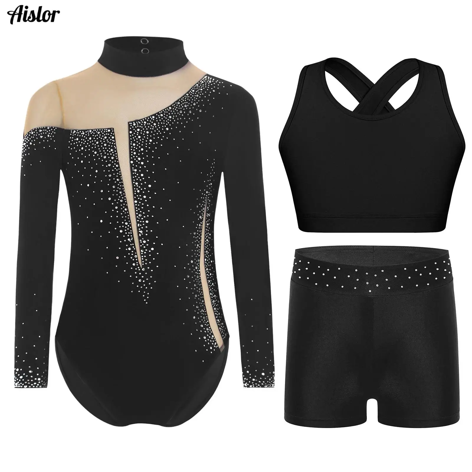 

3Pcs/Set Kids Girls Gymnastics Dance Outfit Long Sleeve Sheer Mesh Patchwork Sparkly Rhinestones Leotard with Vest and Shorts