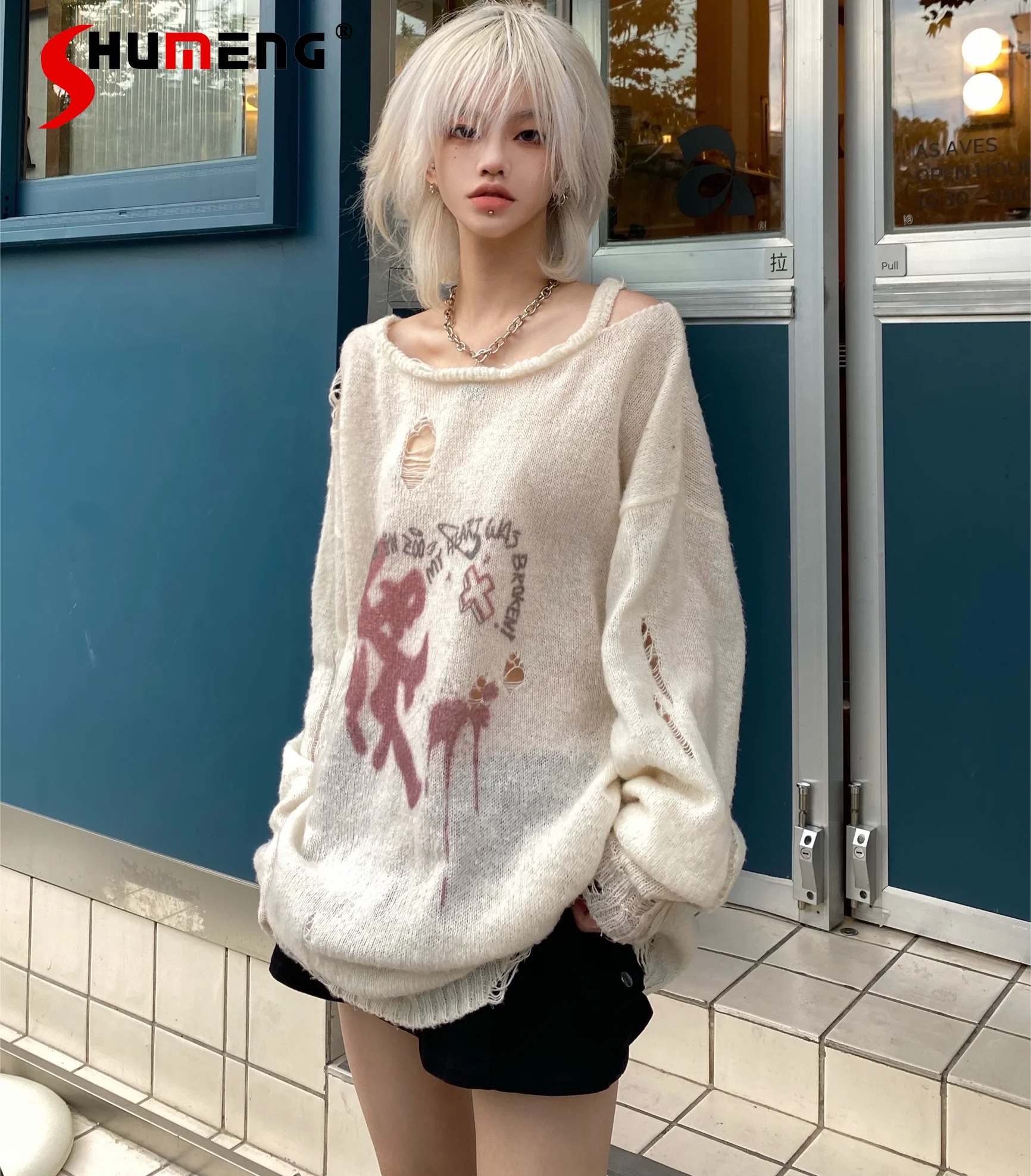 Punk Hole Love Graffiti Knitted Pullovers Women Loose O-Neck Long Sleeve Thin Sweaters Hot Girls Harajuku Aesthetic Street Tops