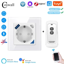 Alice Zigbee-enchufe de pared inteligente Tuya EU, cargador rápido USB Dual con Panel de placa de vidrio, PD 20W, tipo C y A, monitoreo de energía