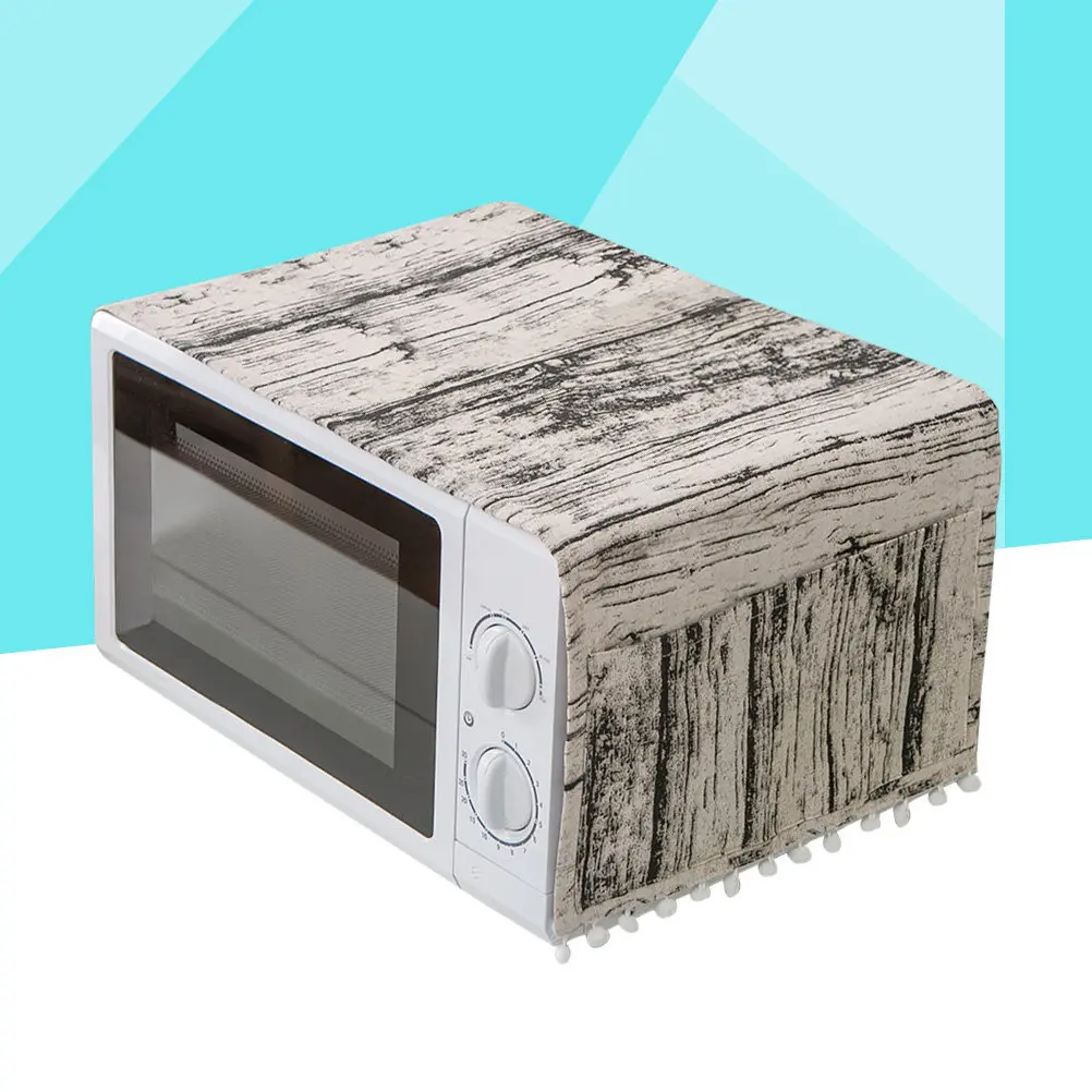 Microwave Oven Dust Cover Wood Texture Pattern 30x90cm Cotton Fabric Dustproof Pocket Design Protective Cover for Refrigerator