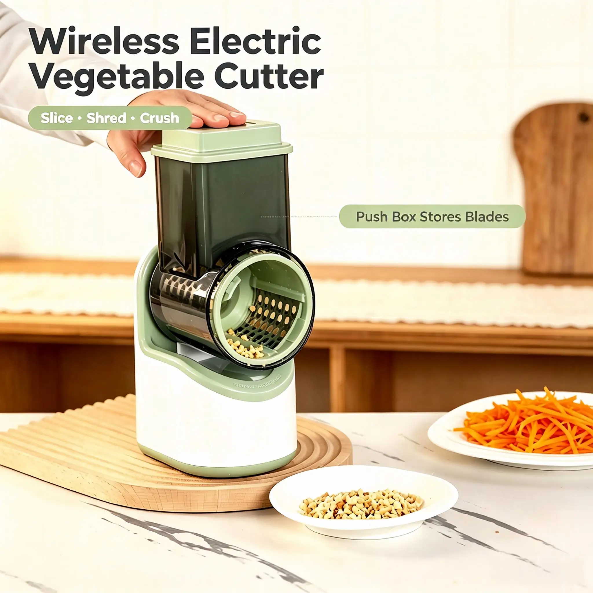 One-Button Electric Vegetable Slicer for Quick Family Prep - Rechargeable Wireless Cutter with 3 Blades, Easy Clean Kitchen Tool