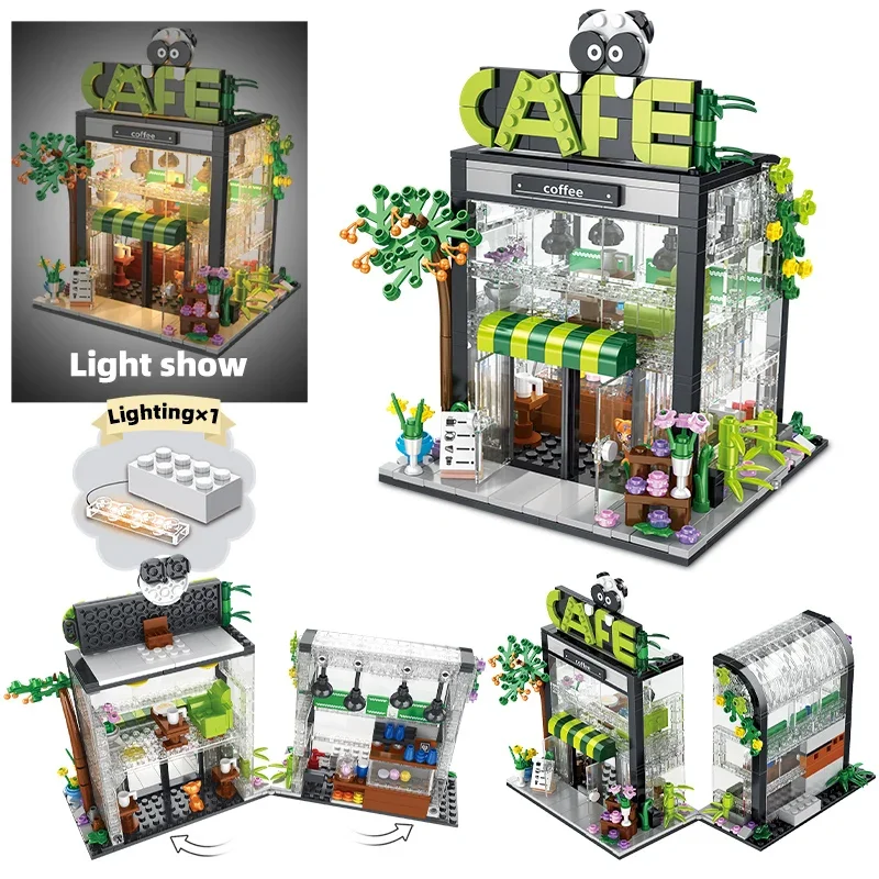 Coffee Shop House Building Blocks con luce a Led Diy City Street View architettura creativa mattoni modello giocattoli per bambini per ragazze regalo