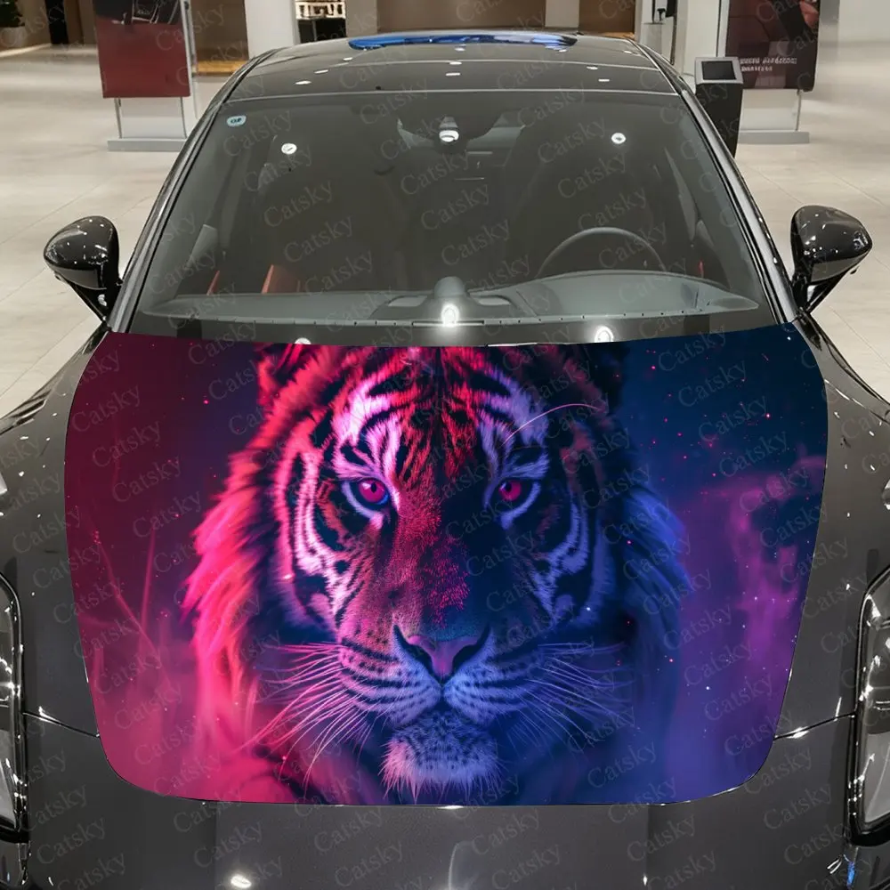

Red-Blue Contrast Tiger Car Vinyl Wrap, PVC Material Waterproof Car Hood Sticker, Self-Adhesive Scratch-Resistant Stickers for E