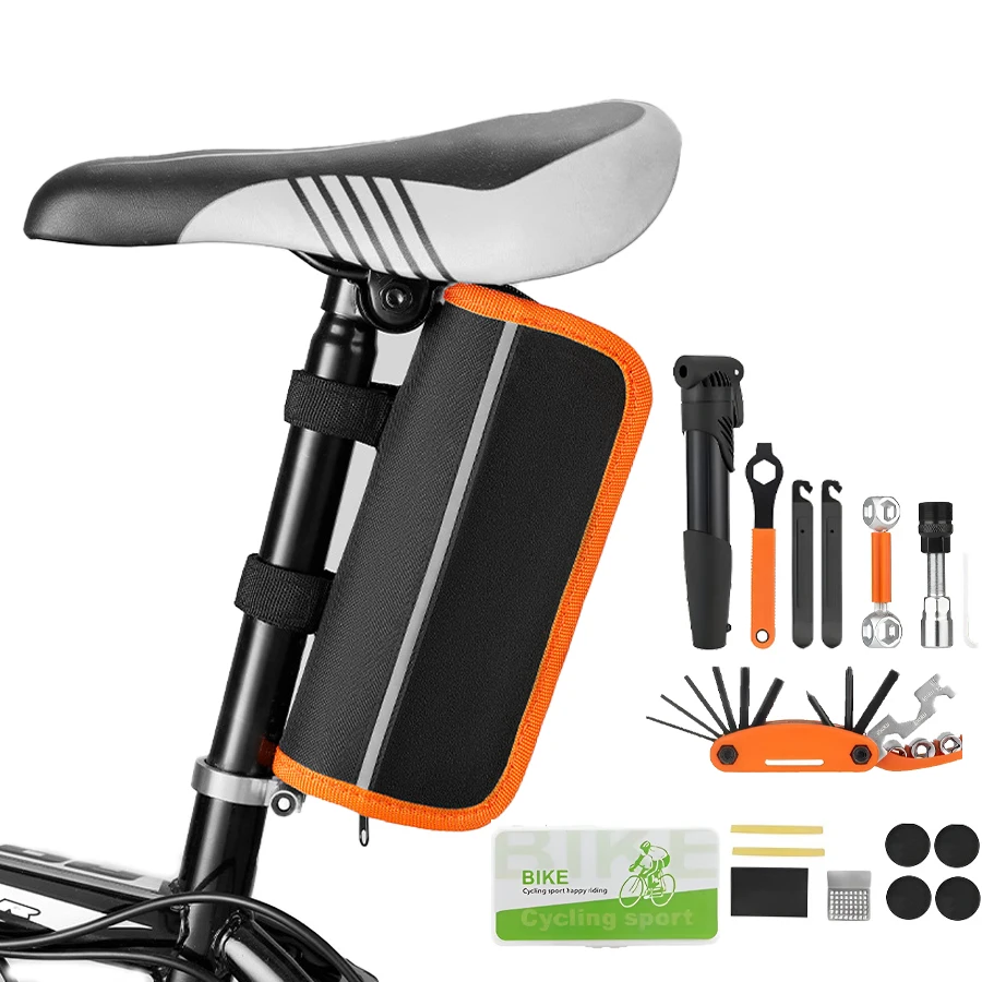 

Bicycle Repair Kits Bag with Tire Pump - Portable,All-in-One Tool Set for Travel - Includes Patches & Maintenance Essentials