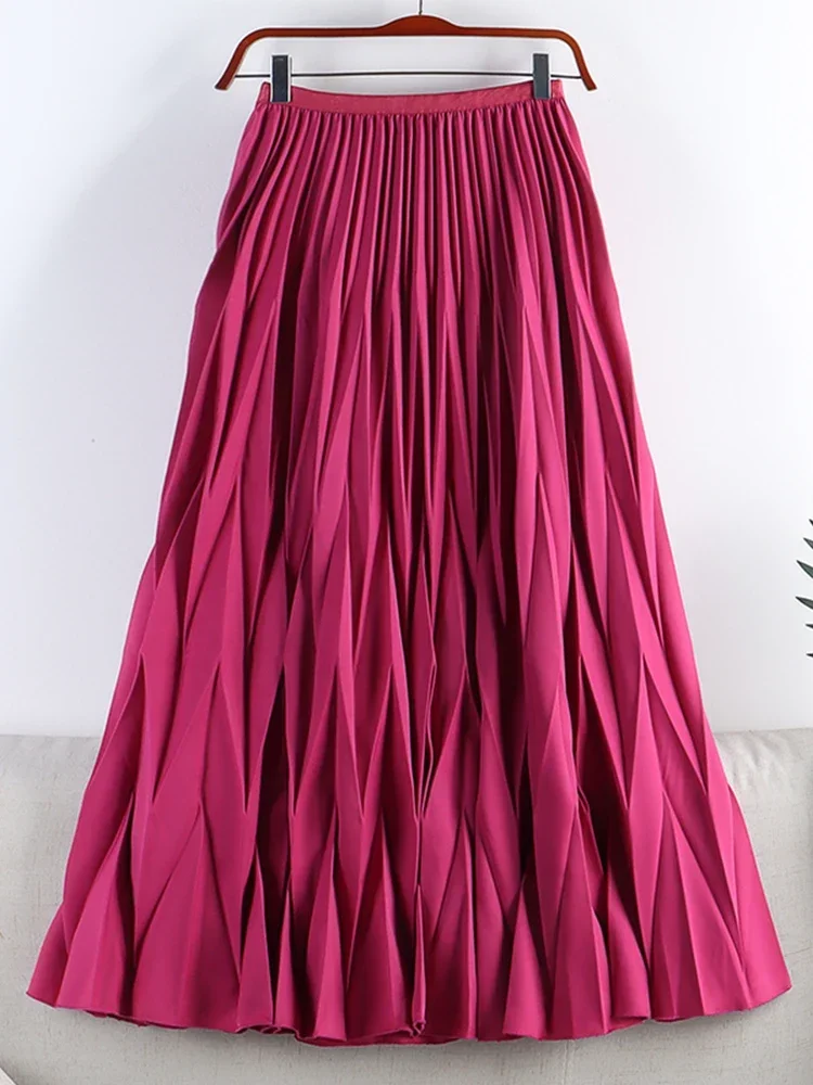 

Fashion Rhombus Pleated Long Skirt Women 2024 New Casual Solid All-match A Line High Waist Midi Skirt Female Ladies Black Z521