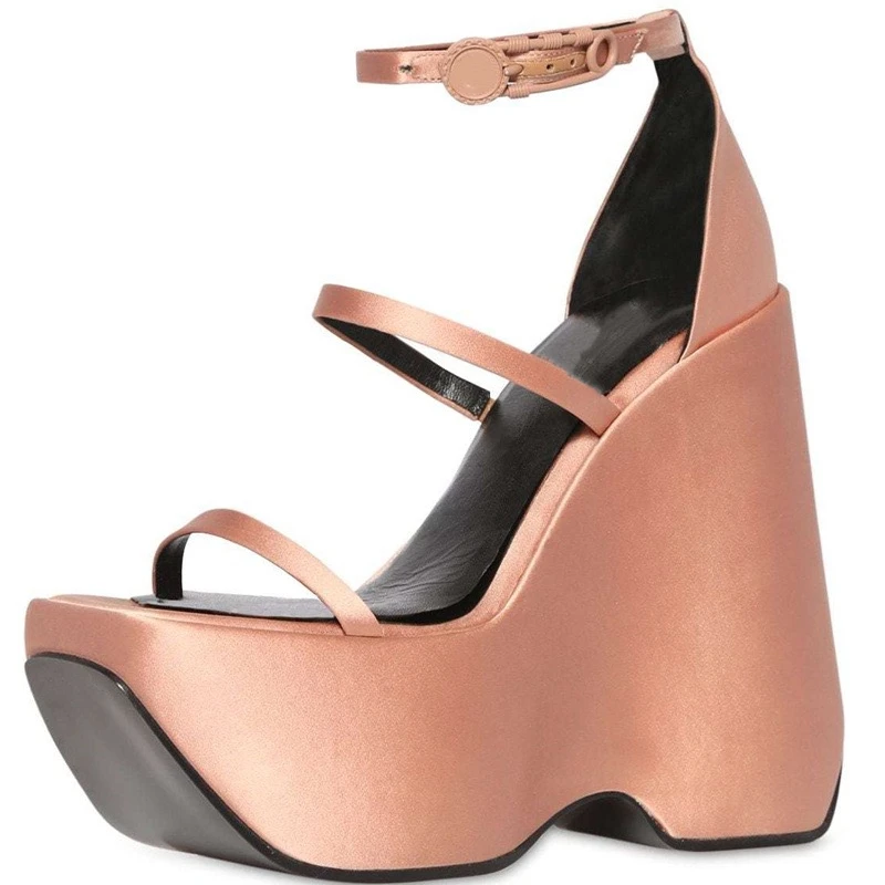 Modern Silk Satin Wedge Heel Sandals Open Square Toe Sexy Summer Platform High Heel Shoes Buckle Strap Covered Heel