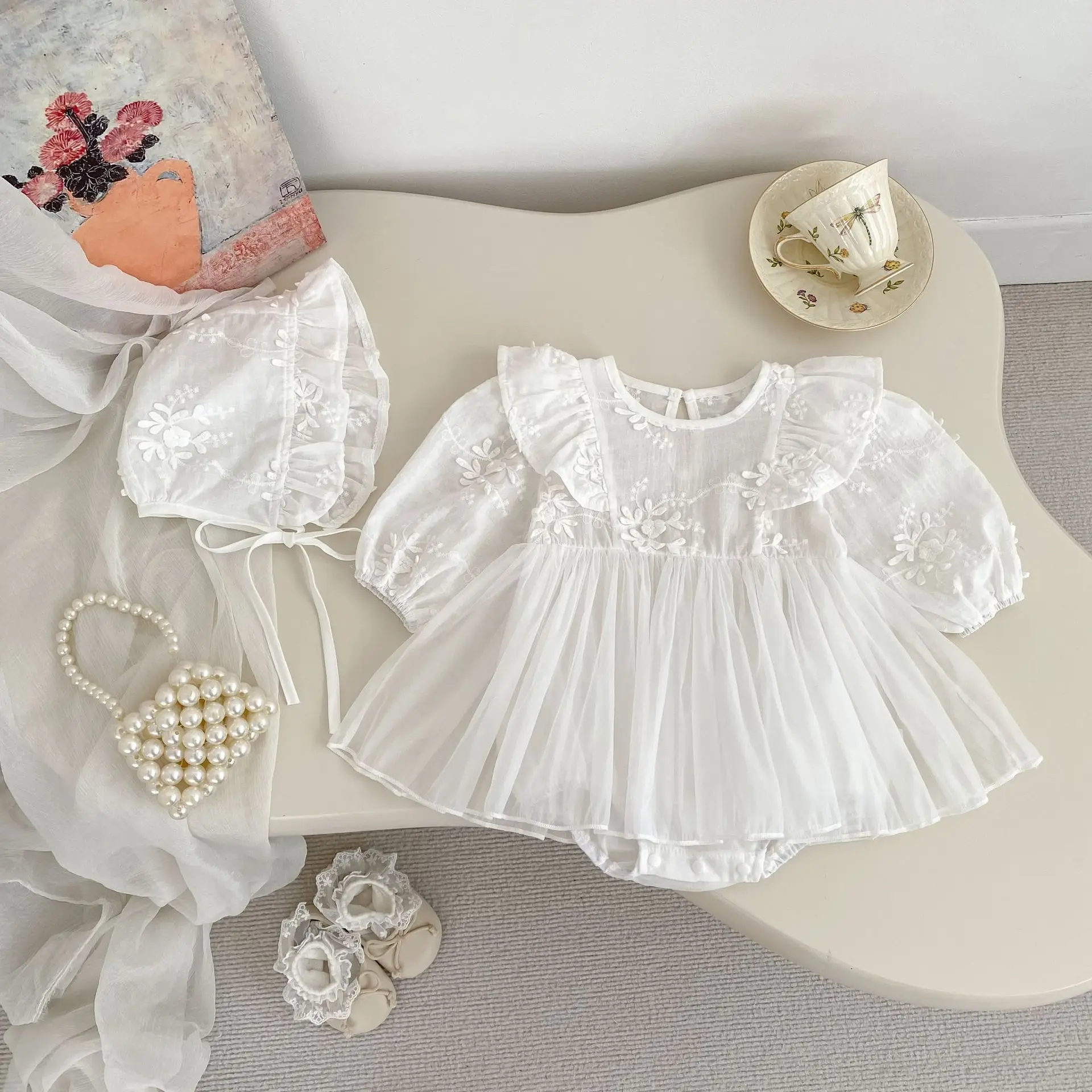 2025 Baby Autumn Long Sleeved Bag Fart Dress Dress Hundred Day Banquet Birthday Female Baby Mesh Princess Dress Romper