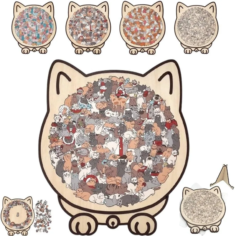 

135PCS Animal Wood Craft Jigsaw outlines framed Cat Shaped Wooden Puzzle Home decoration Toy Morandi Color for Kids Adults Gift