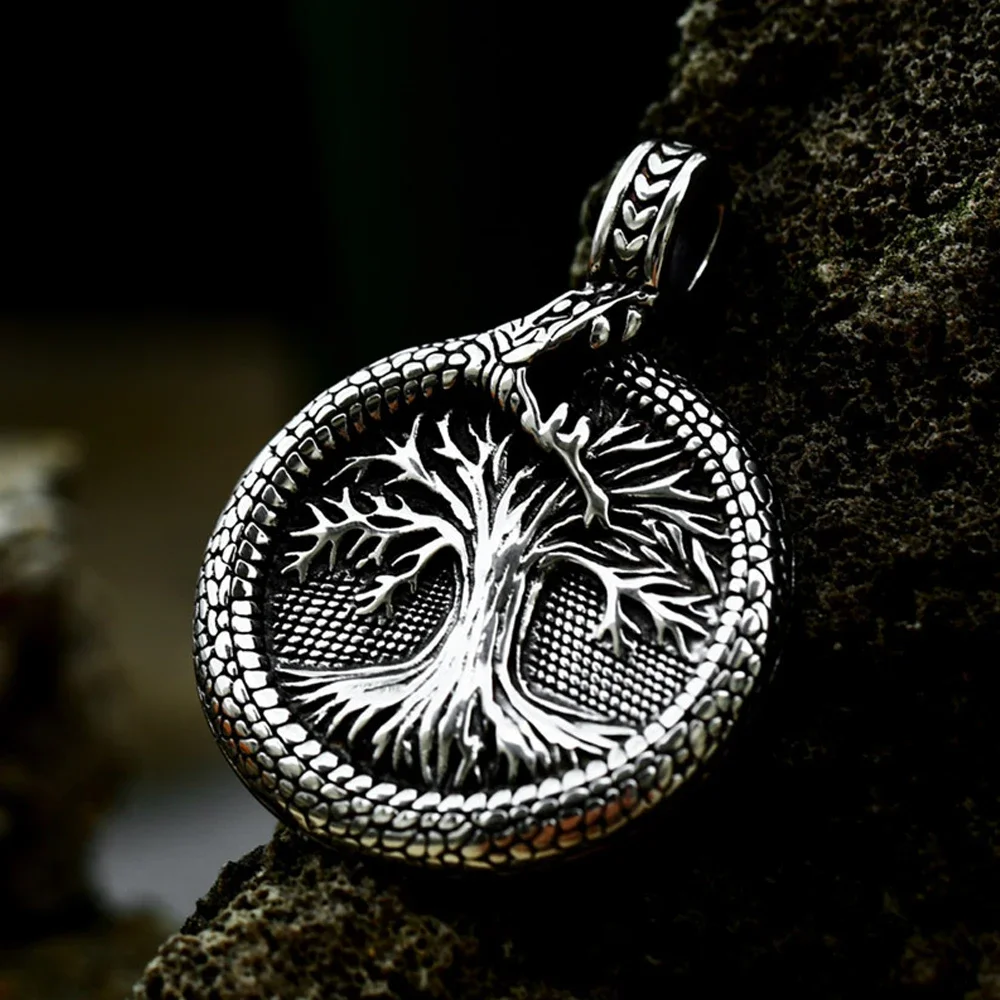 Nordic Yggdrasil Viking Tree of Life Pendant Necklace Stainless Steel Vintage Ouroboros Necklace Men Scandinavian Amulet Jewelry