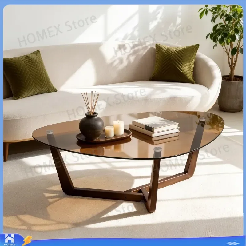 Mid Century Modern Coffee Table Amber Tempered Glass Top Sculptural Wood Base Triangular Center Table Living Room Reception