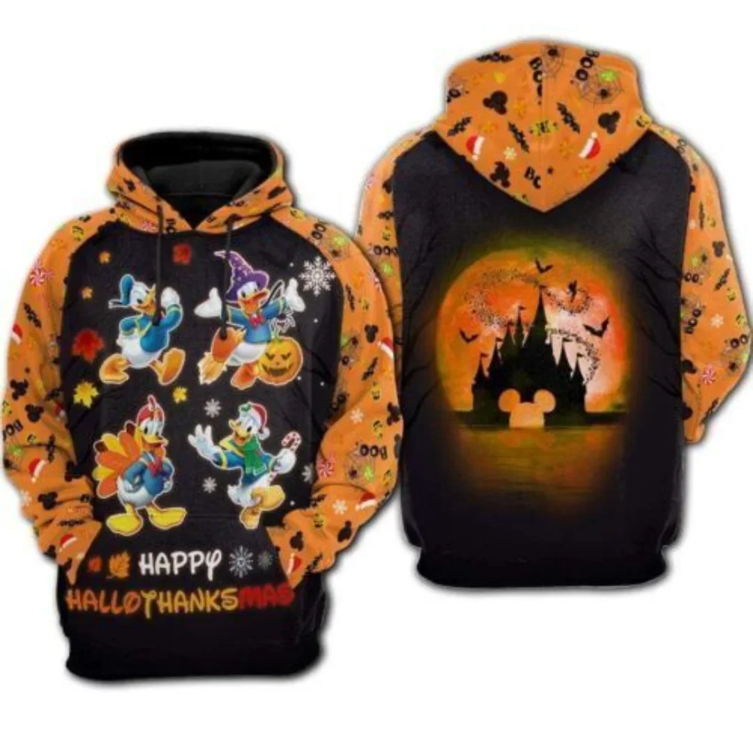 Disney Halloween Hoodie Men\'s Women\'s Fashion Sweatshirts Donald Duck Wizard Disney Castle Halloween Night Zip Hoodie Casual