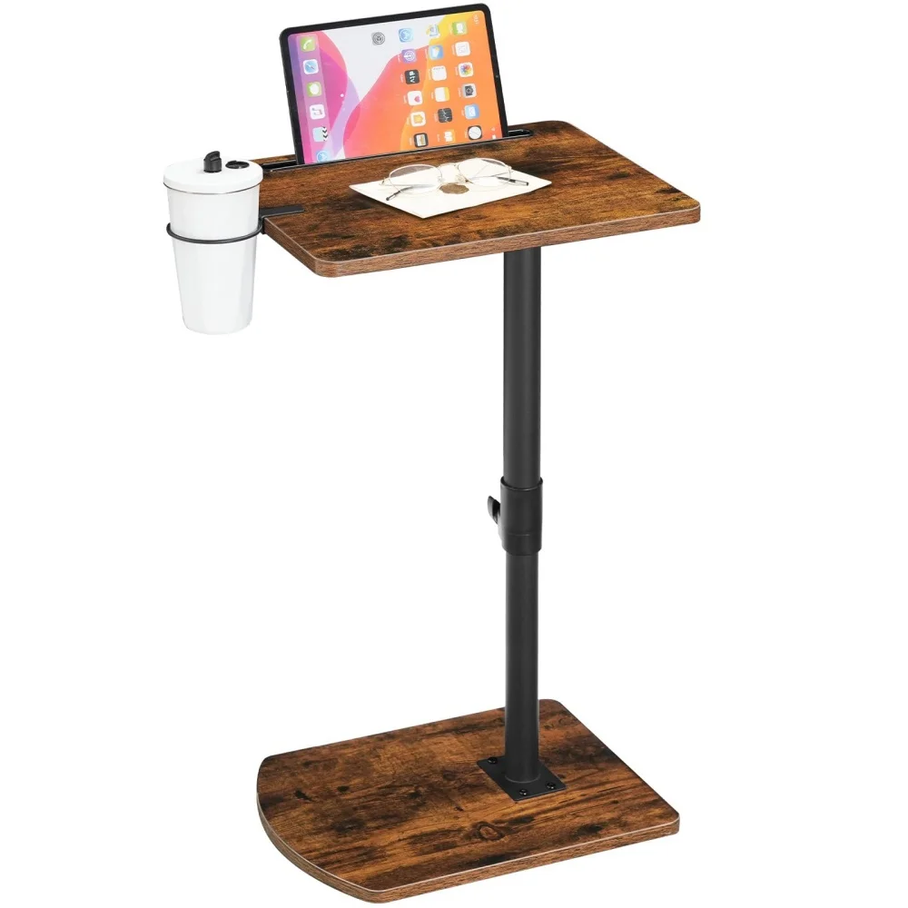 Stolik boczny w stylu vintage z regulacją wysokości w kształcie litery C – 360 °   Obrotowy stolik do sofy/plecaka na laptopa z wyjmowanym uchwytem na kubek i przegródką na tablet