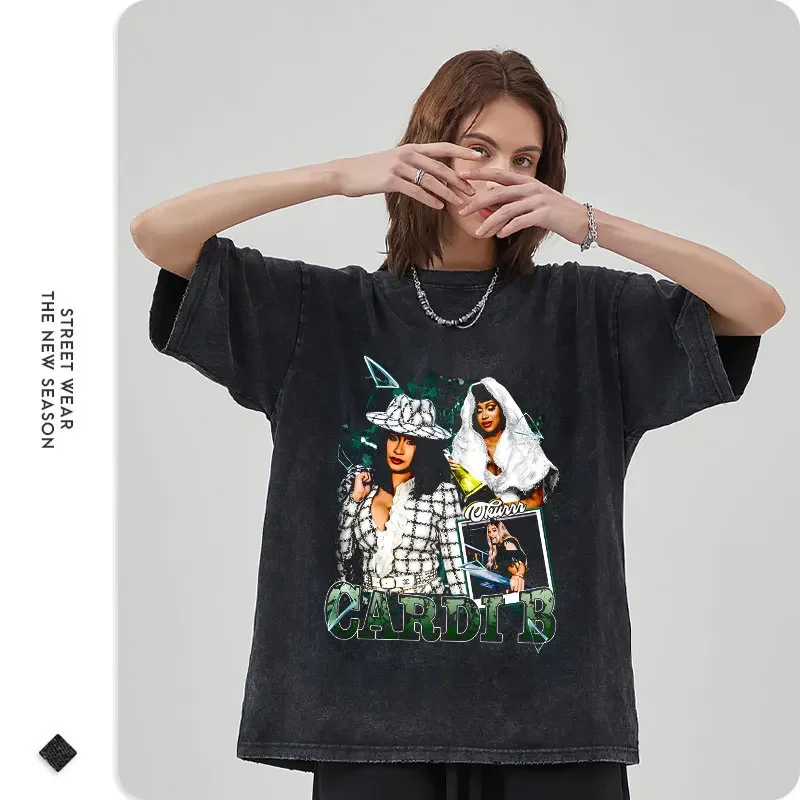 Cardi B T Shirt Female Rapper Singer Bardi Tops Tees Vintage Washed Short Sleeve Hip Hop Oversized Streetwear Men Cotton T-Shirt