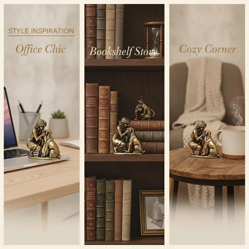 Vintage-Messingstatue von Mädchen und Hund, handgefertigt, fein geschnitzt, antik veredelt, Dekoration für Kinderzimmer, Wohnkultur, Geschenk für Feiertage. – Detail 13