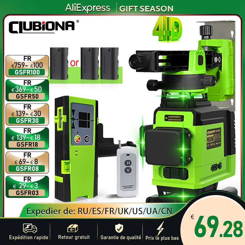 Clubiona 4D 16 lines Professional German Core Floor Ceiling Remote Control Green Line Laser Level with 5000mahs Li-Ion Battery