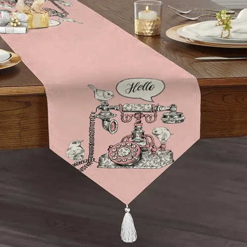 Real Homes Pink Floor Antique Telephone Designed Digital Printed Modern Tufted Chenille Triangle Runner