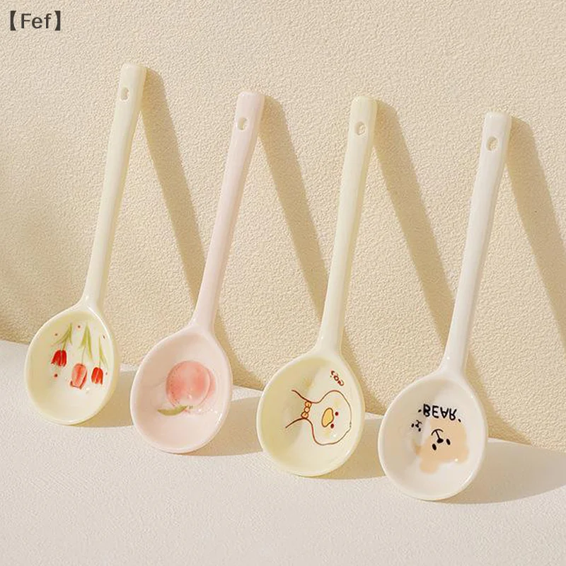 Cute Underglaze Ceramics Spoon Long Handle Stirring Spoon Candy Color Dessert Soup Cutlery Portable,Kitchen Utensils Supplies