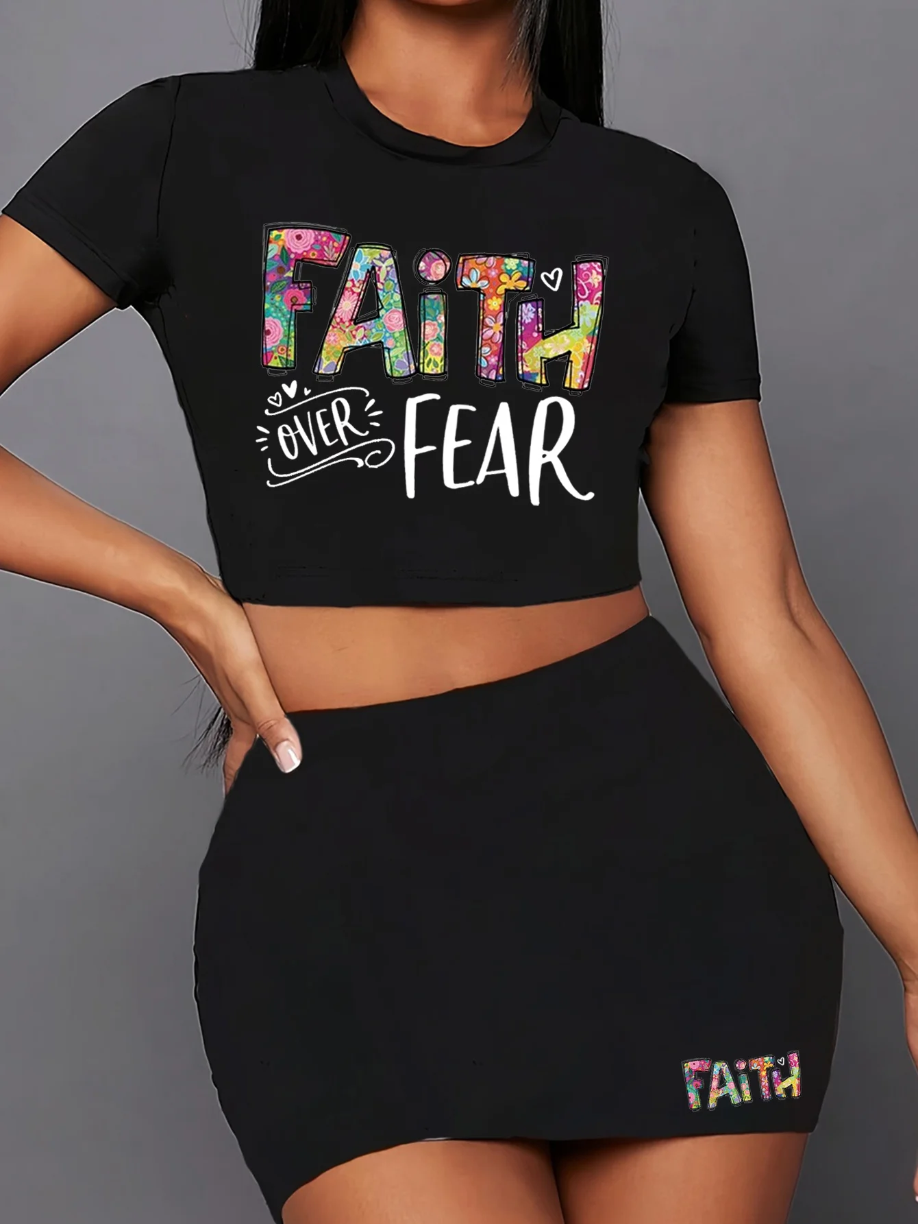 Faith Over Fear Christian Letter Print Two Piece Set, Short Sleeve Round Neck T-shirt & Skirts, Women's Clothing