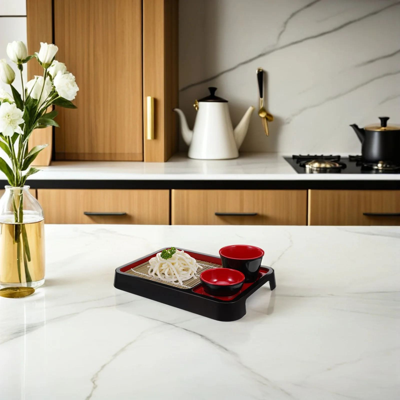 Bandeja de fideos fríos para Soba y Udon, plato de comida japonesa con estera de bambú, tazón de arroz, plato para servir, vajilla, taza de madera de plástico