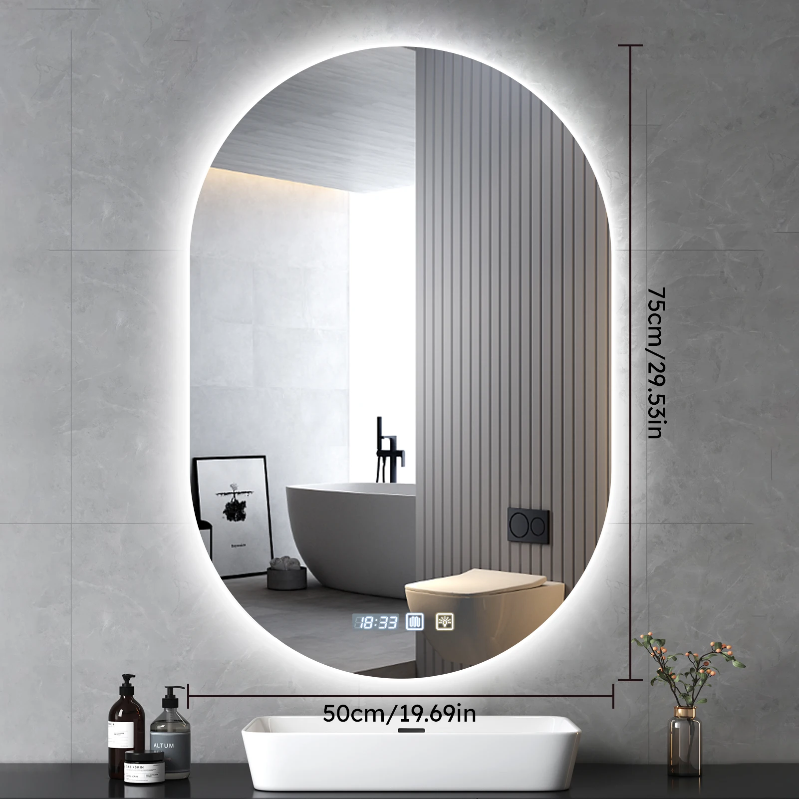 Moderner ovaler Smart-LED-Badezimmerspiegel 500x750mm, beschlagfreier Wandspiegel für den Waschtisch, Ganzkörperspiegel für die Dusche mit Hintergrundbeleuchtung für die Heimdekoration