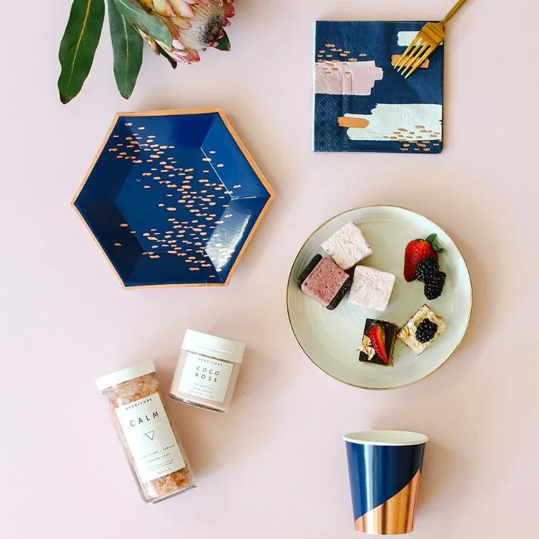 Ink Blue Rose Gold Pink  Foil Party Disposable Tableware Lattice Cake Napkins Dish Disposable for Wedding Birthday Baby Shower