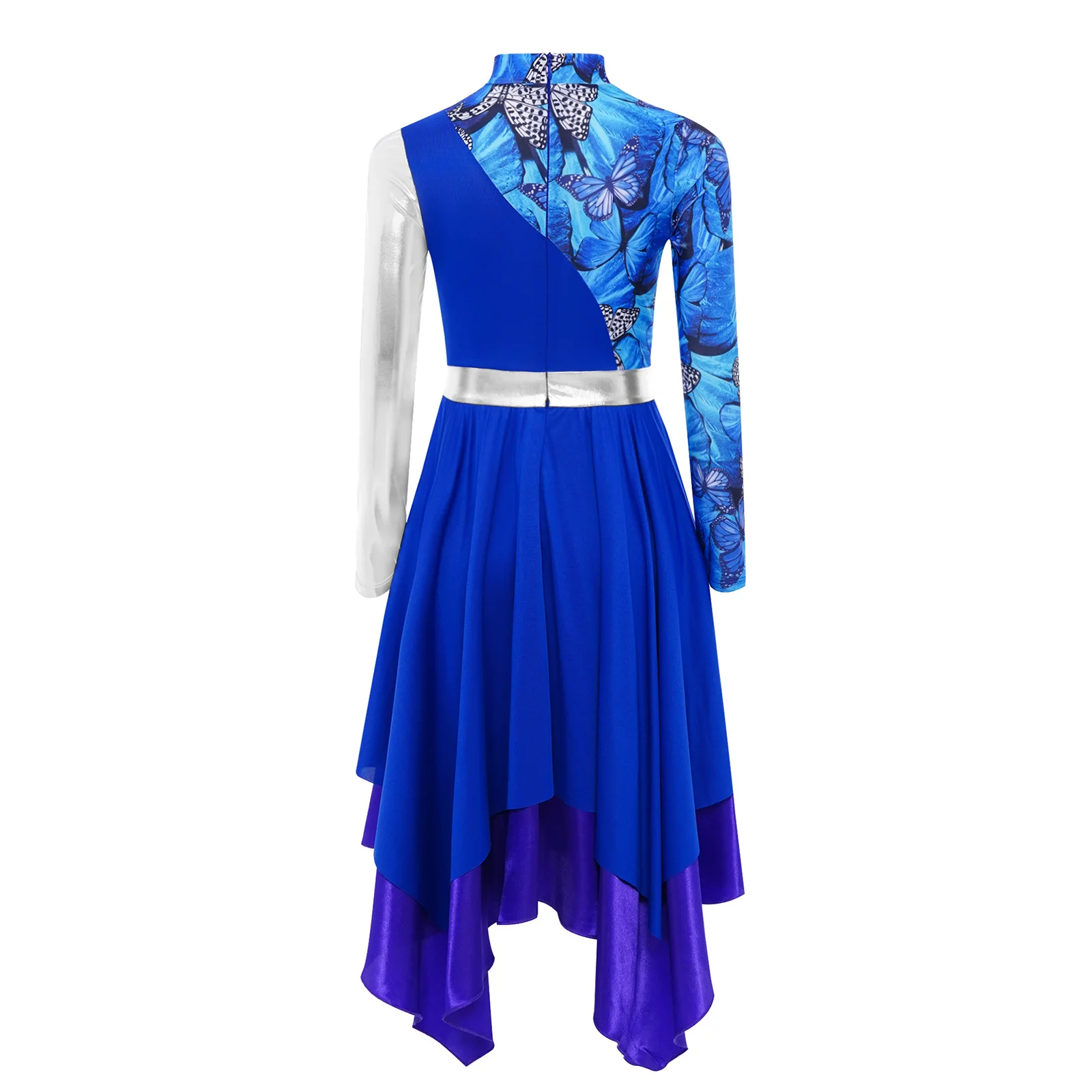 Girls Lyrical Dance Dress Liturgical Worship Church Choir Praise Performance Costume Long Sleeve Print Metallic Color Block Gown
