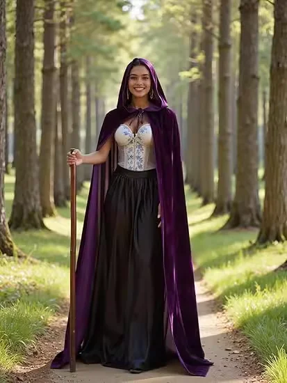 عباءة طويلة مخملية بغطاء للرأس، زي ساحرة للهالوين، زي عرقي، معطف ساحر من العصور الوسطى للعب الأدوار، مع ربطات، متوسط الطول، أ...