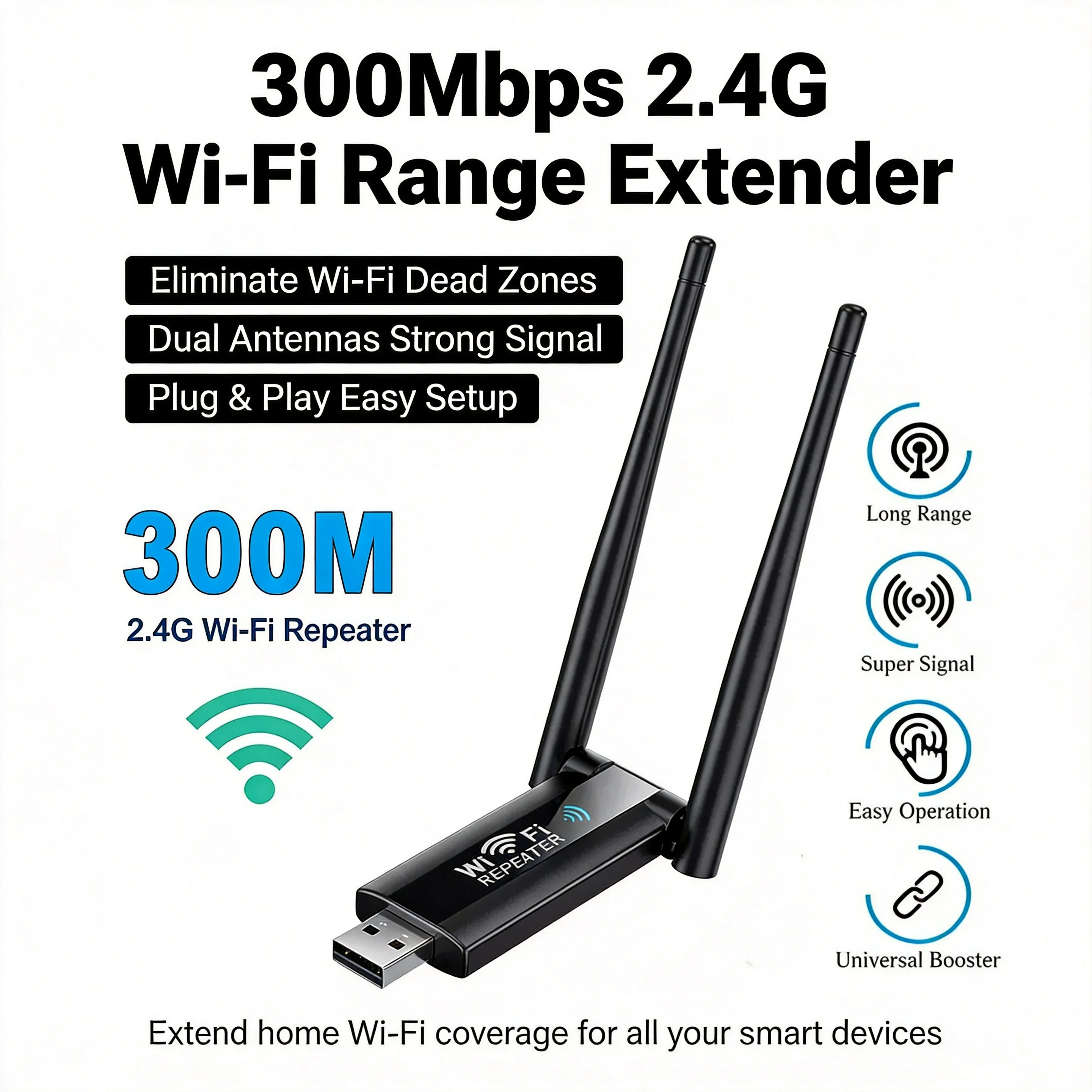 

Wireless 2.4G 300Mbps USB WiFi Repeater – WiFi Signal Amplifier Booster, Long Range Extender for Home Network Router Extension