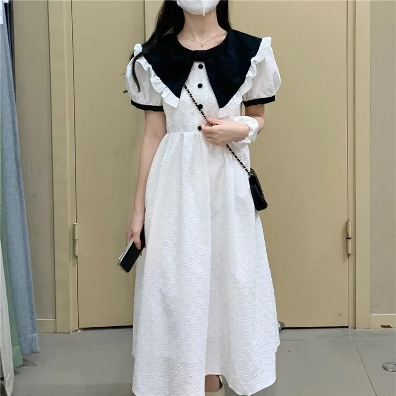 

Sweet Women Summer Korean Doll Collar Summer All-match Fashion Corset Contrasting Colors Ruffles Short Sleeve Word a Dress