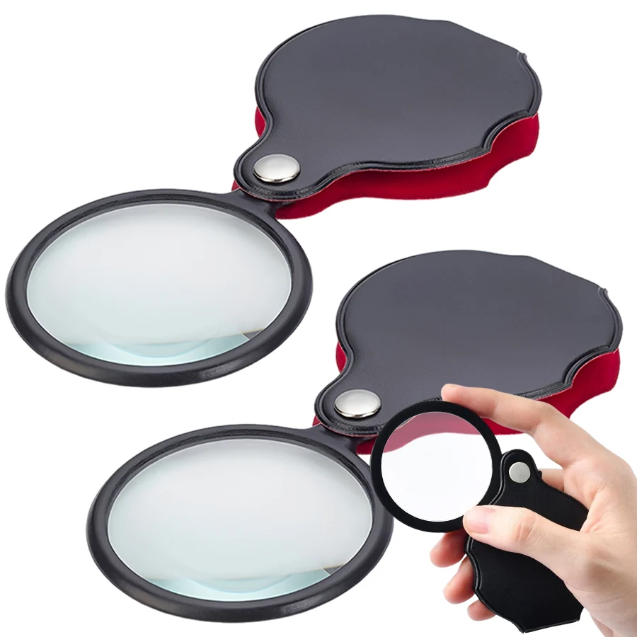Portable Folding Pocket Magnifying Glass 65mm Lens Mini Magnifier & Leather Protective Case for Reading Inspection Hobby Crafts