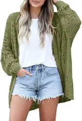 Cardigan longo de crochê para mulheres, suéter ponto aberto, oco, manga longa, outwear sólido, roupas, outono