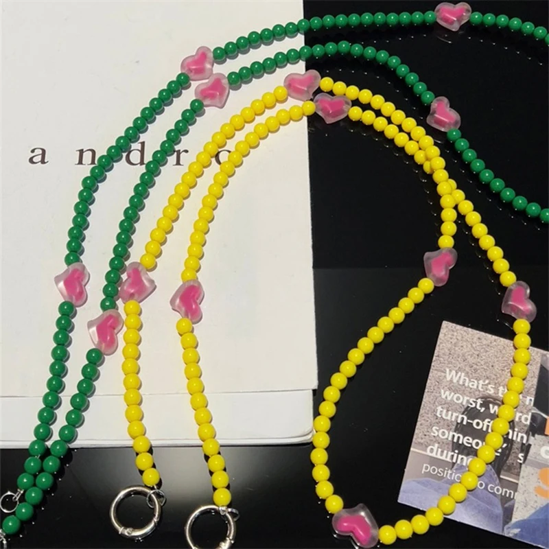 Pink Love Bead Mobile Phone Lanyard Universal Anti-Lost Hanging Rope Chain Long Crossbody Neckband Phone Strap Bag Pendant Chain